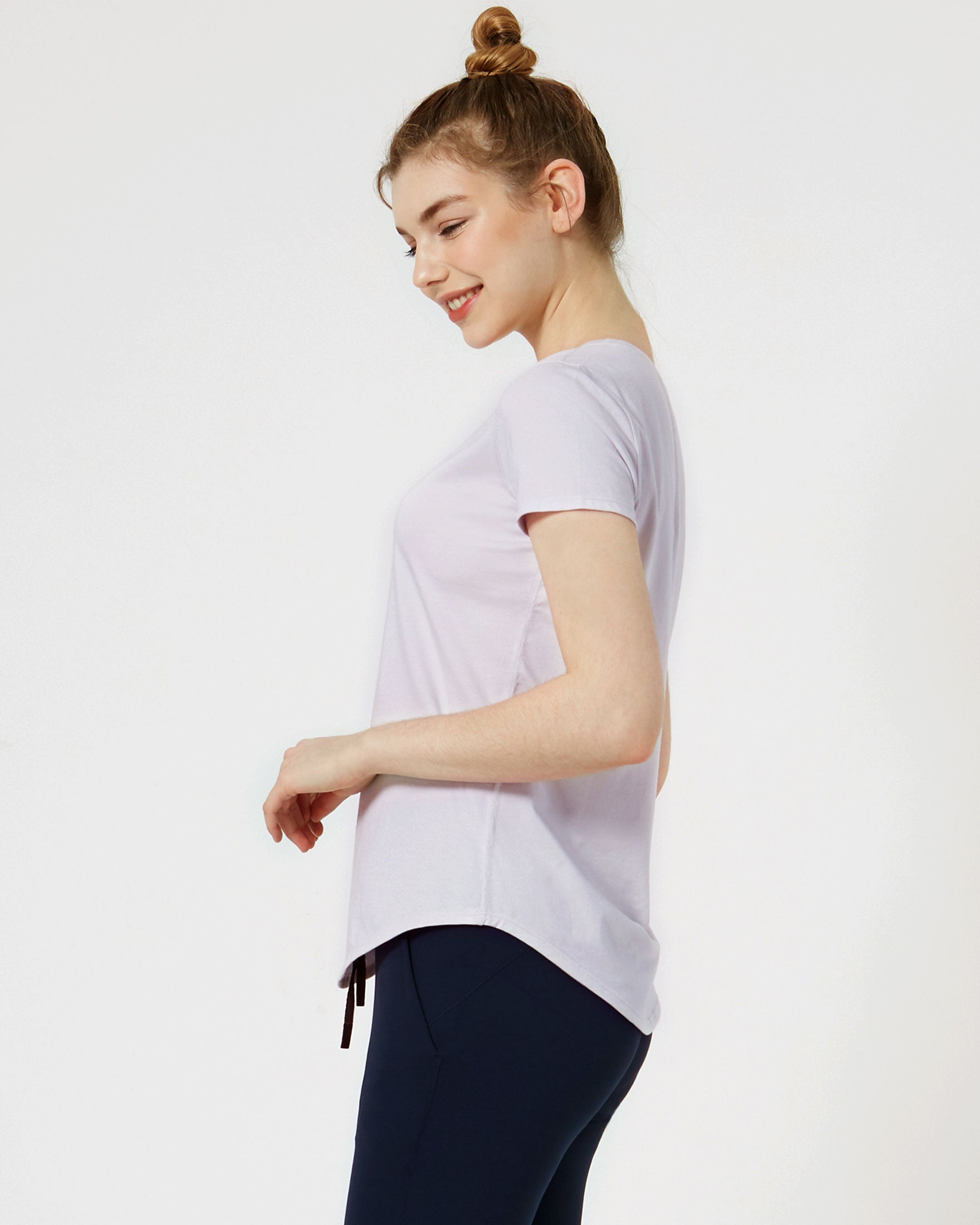 Rebody Essentials Scooped Short Sleeve Top in soft Pima cotton/modal blend, featuring a scooped neckline and short sleeves.