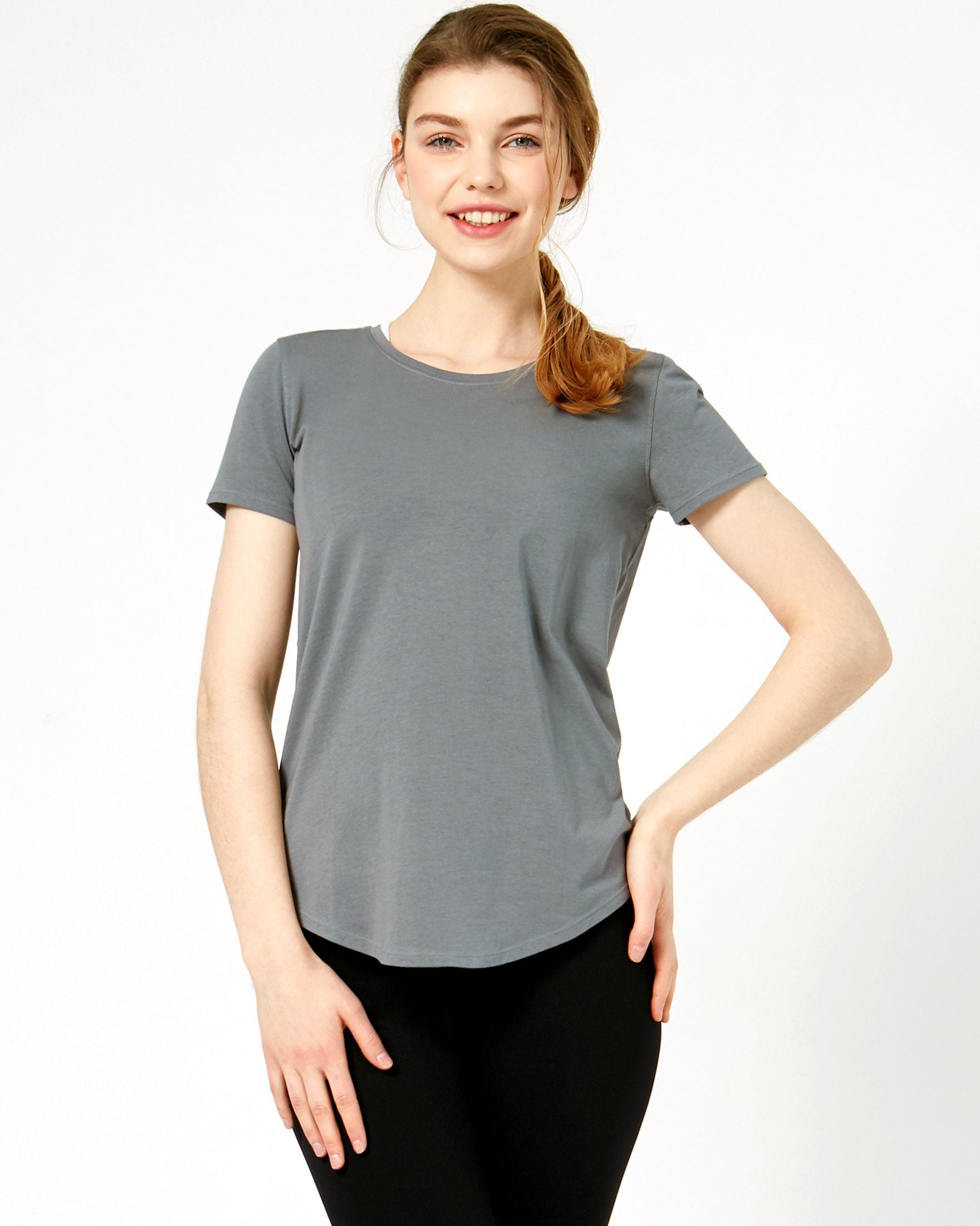 Rebody Essentials Scooped Short Sleeve Top in soft Pima cotton/modal blend, featuring a scooped neckline and short sleeves.