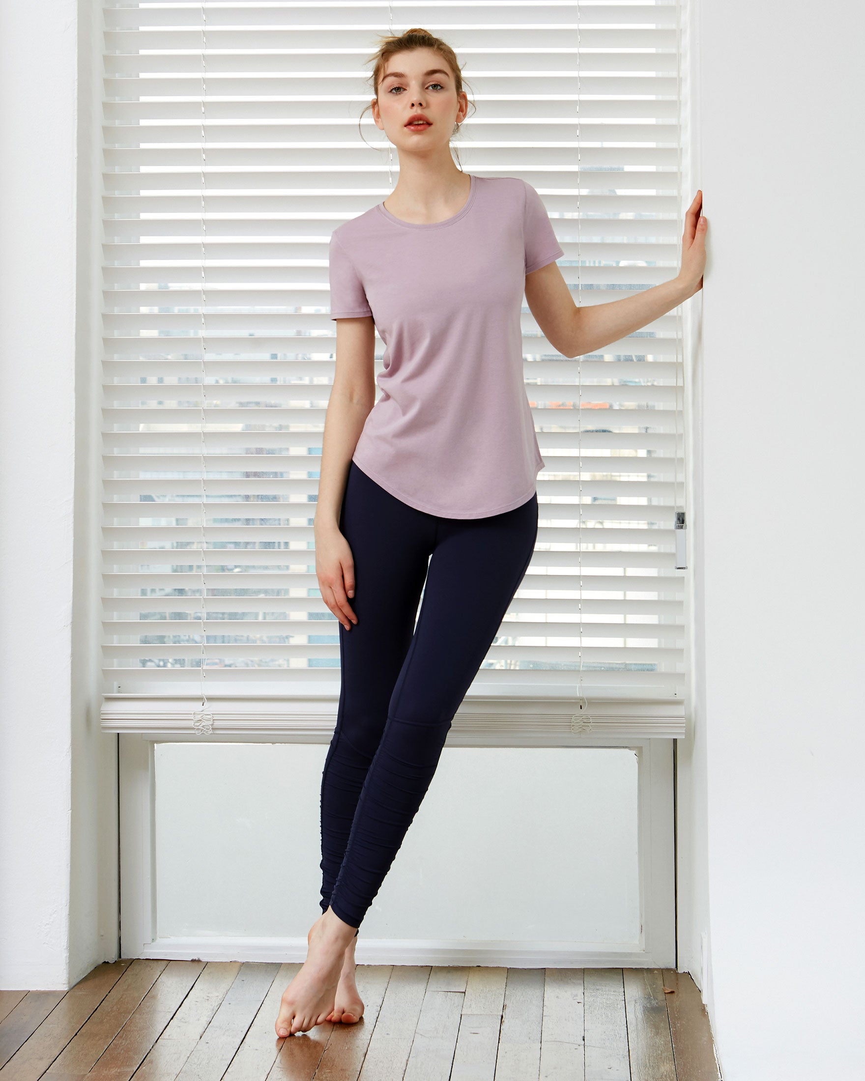 Rebody Essentials Scooped Short Sleeve Top in soft Pima cotton/modal blend, featuring a scooped neckline and short sleeves.