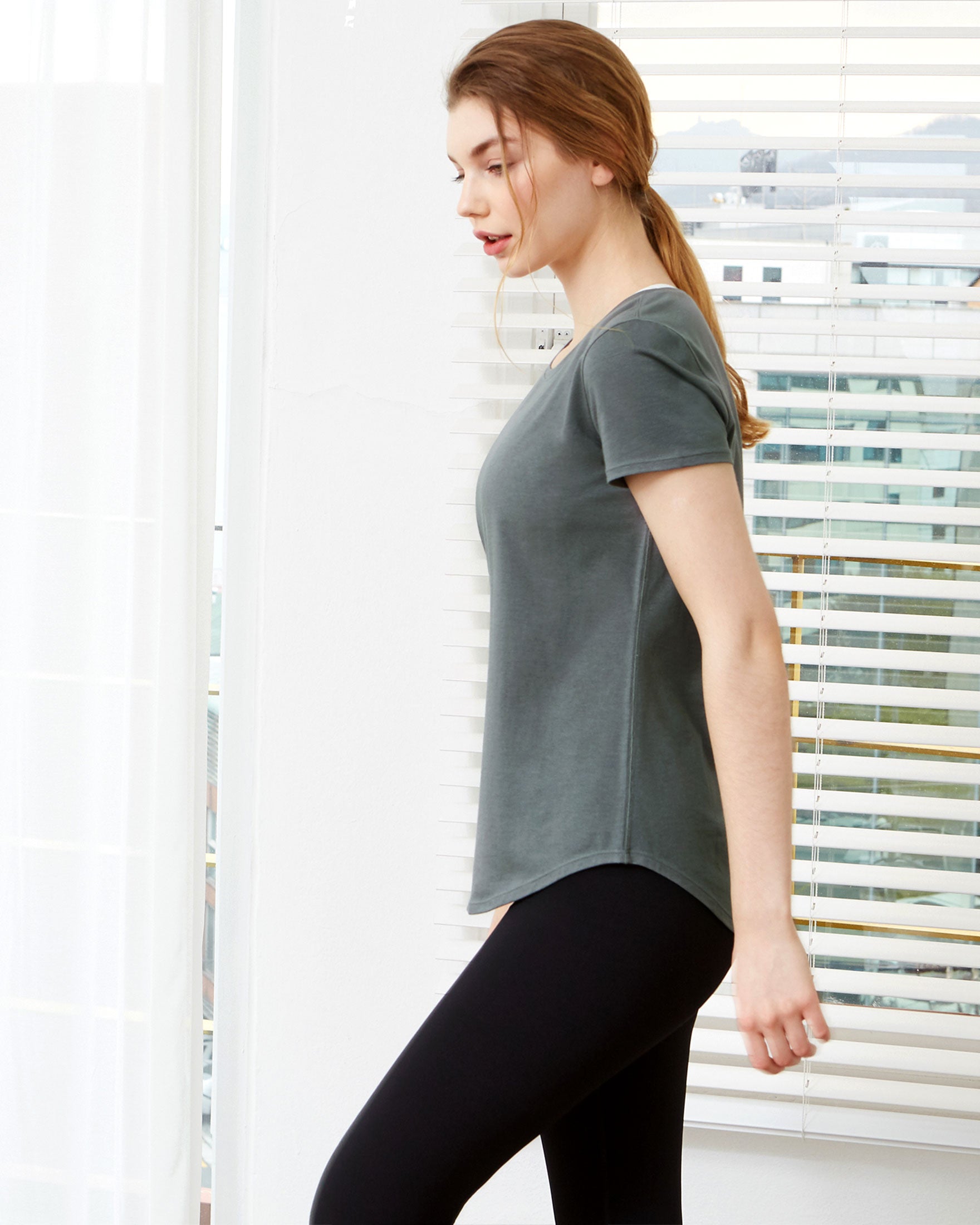 Rebody Essentials Scooped Short Sleeve Top in soft Pima cotton/modal blend, featuring a scooped neckline and short sleeves.