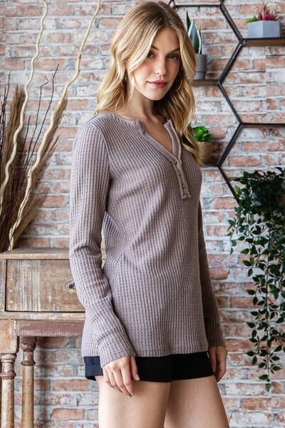 Reborn J Waffle Knit Notched Long Sleeve Top in a cozy waffle knit fabric, featuring a trendy notched neckline and long sleeves.