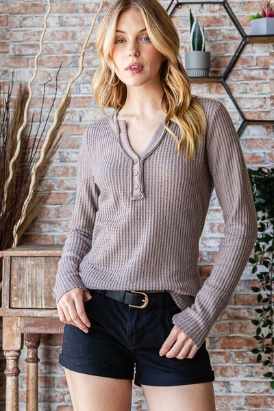 Reborn J Waffle Knit Notched Long Sleeve Top in a cozy waffle knit fabric, featuring a trendy notched neckline and long sleeves.