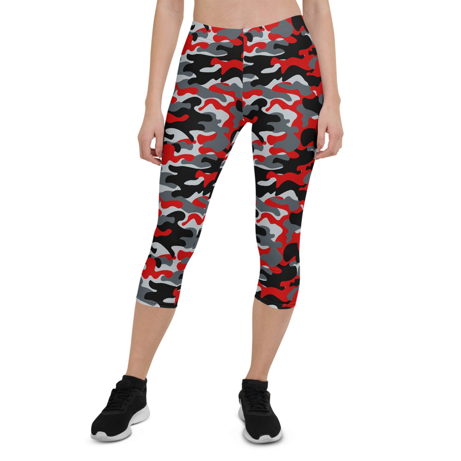 Red and gray camo capri leggings for women, showcasing unique graphic design and high-performance fabric.