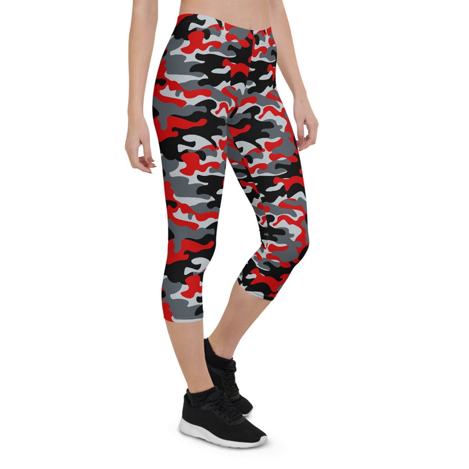 Red and gray camo capri leggings for women, showcasing unique graphic design and high-performance fabric.