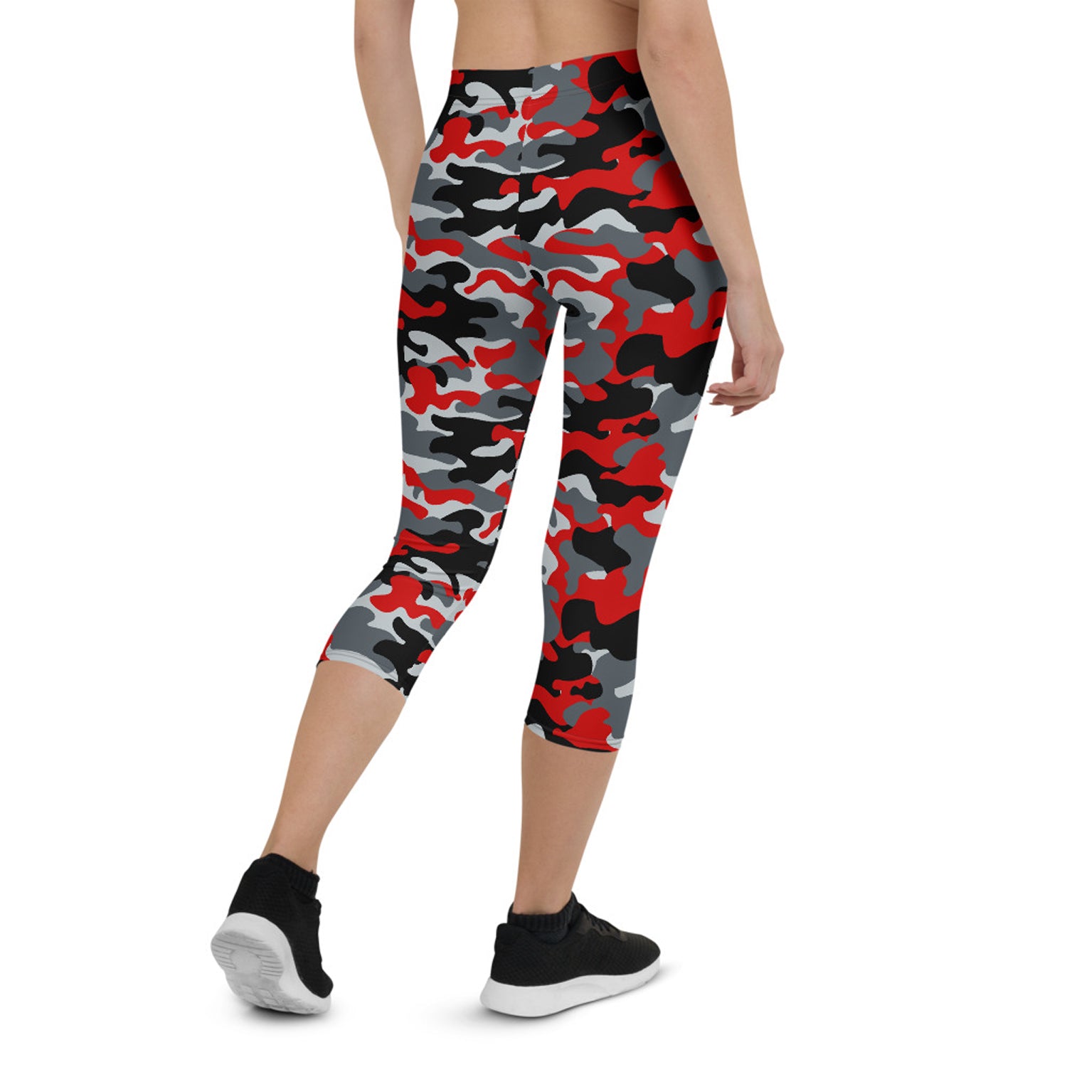 Red and gray camo capri leggings for women, showcasing unique graphic design and high-performance fabric.