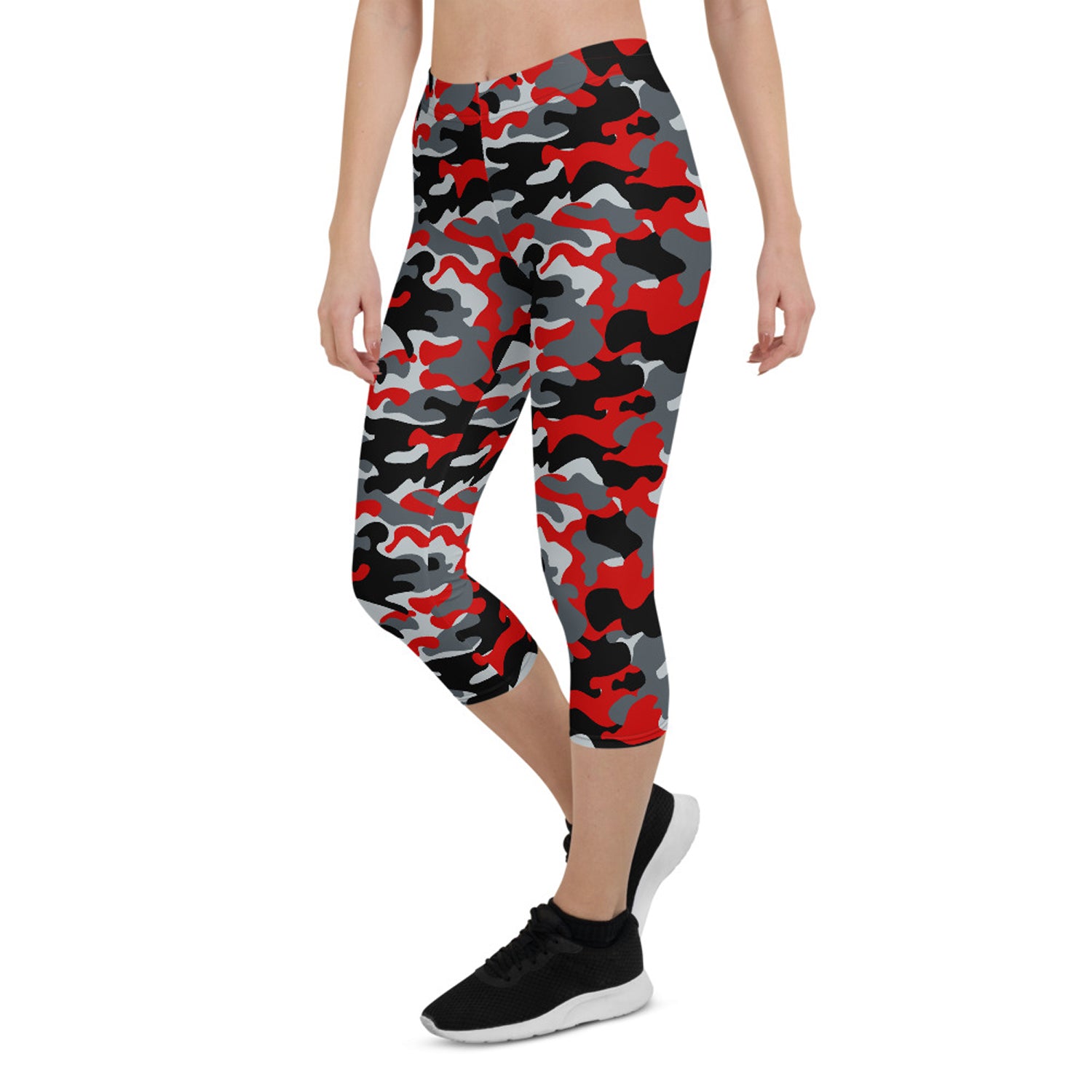 Red and gray camo capri leggings for women, showcasing unique graphic design and high-performance fabric.