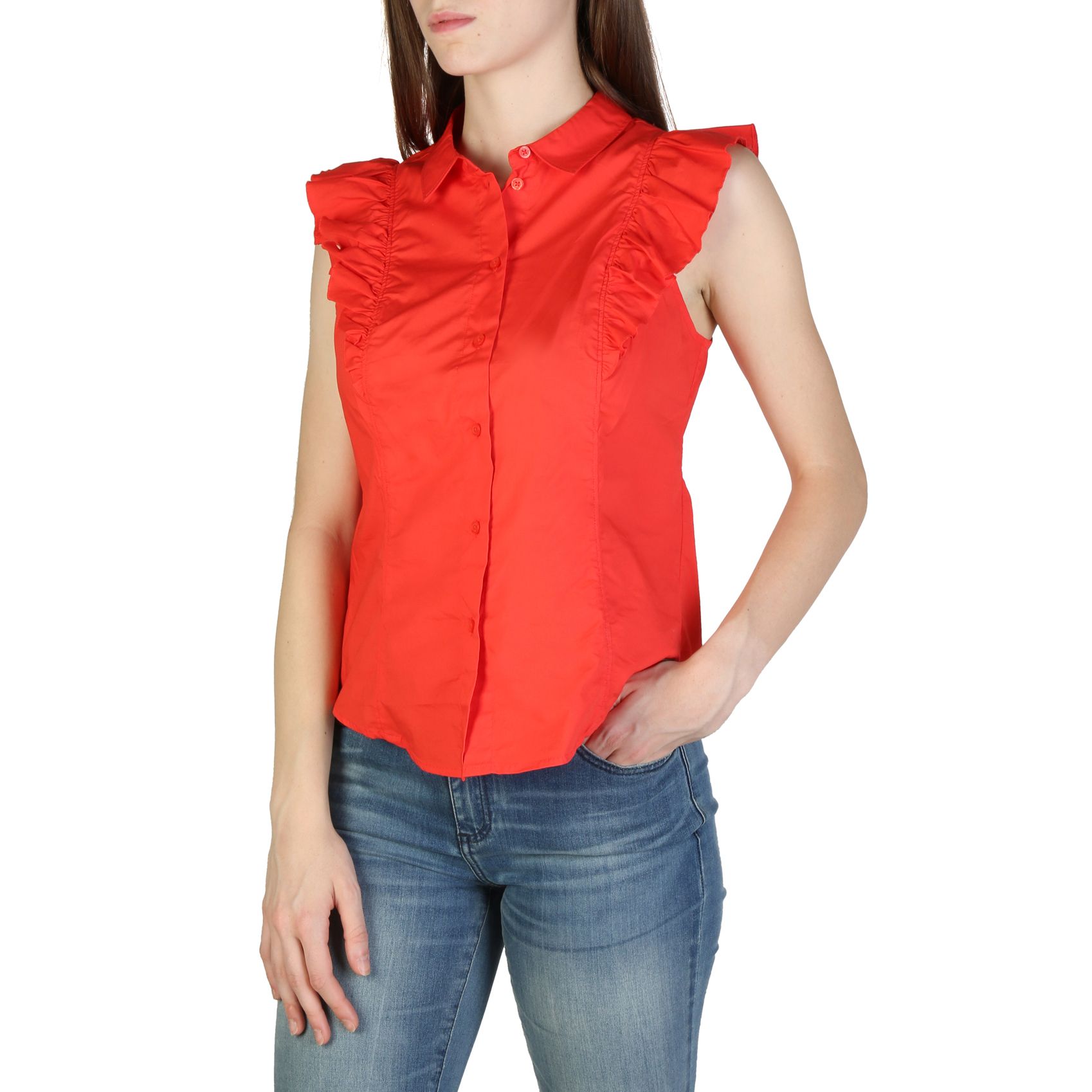 Woman wearing red sleeveless blouse.