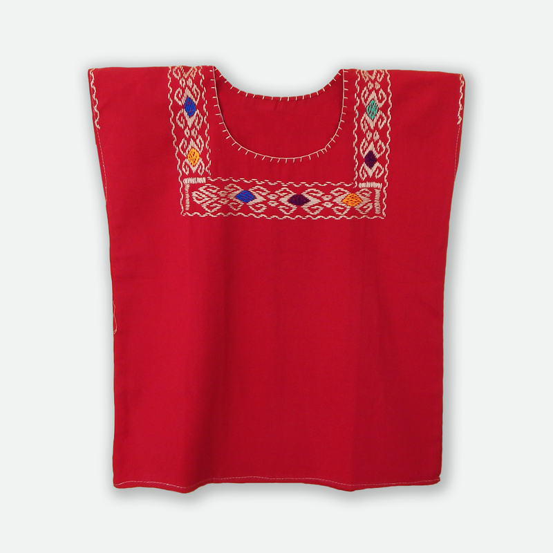 A vibrant red blouse huipil featuring colorful hand-stitched designs, showcasing traditional Mexican craftsmanship.