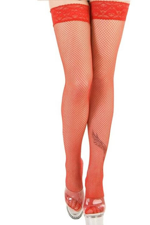 A pair of sexy red fishnet garter socks elegantly displayed, showcasing their sheer design and intricate pattern.