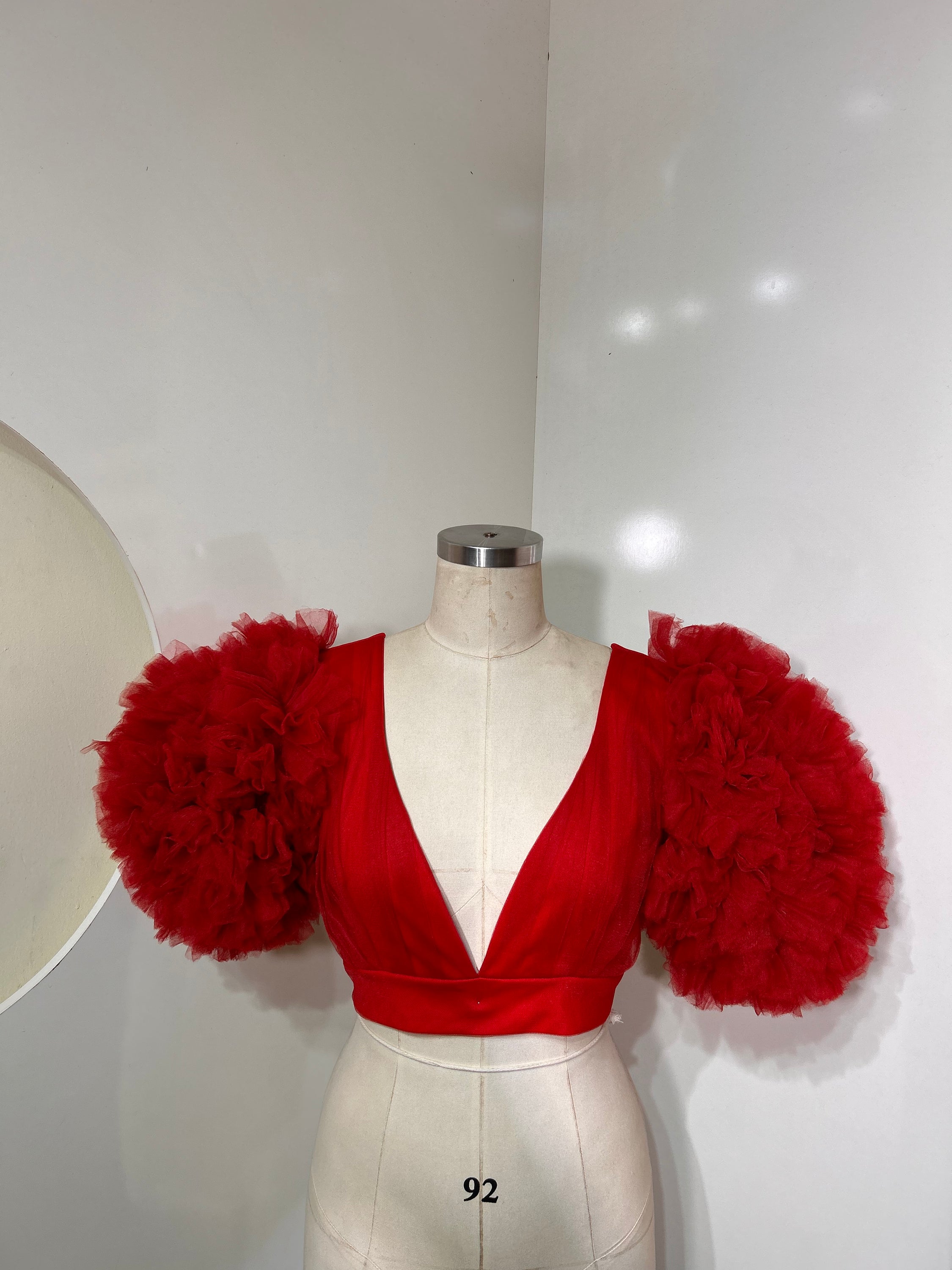 A vibrant red tulle top featuring a plunging neckline and cropped design, perfect for stylish occasions.