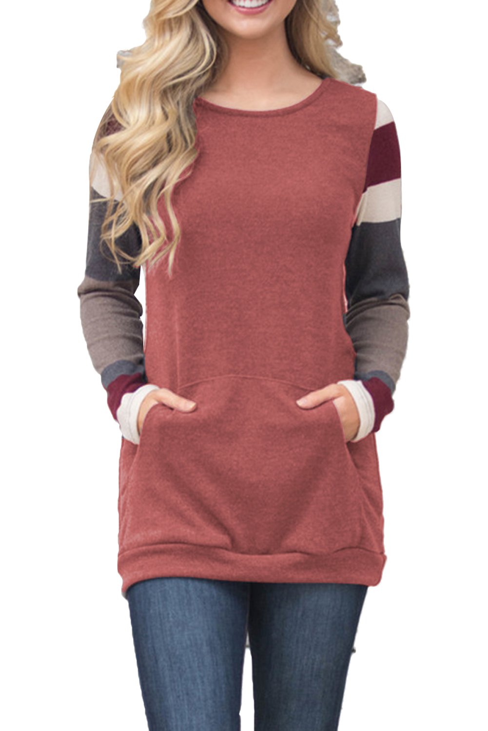 Red pullover sweatshirt with multicolor striped sleeves, featuring a kangaroo pouch and scoop neck, perfect for autumn and winter wear.