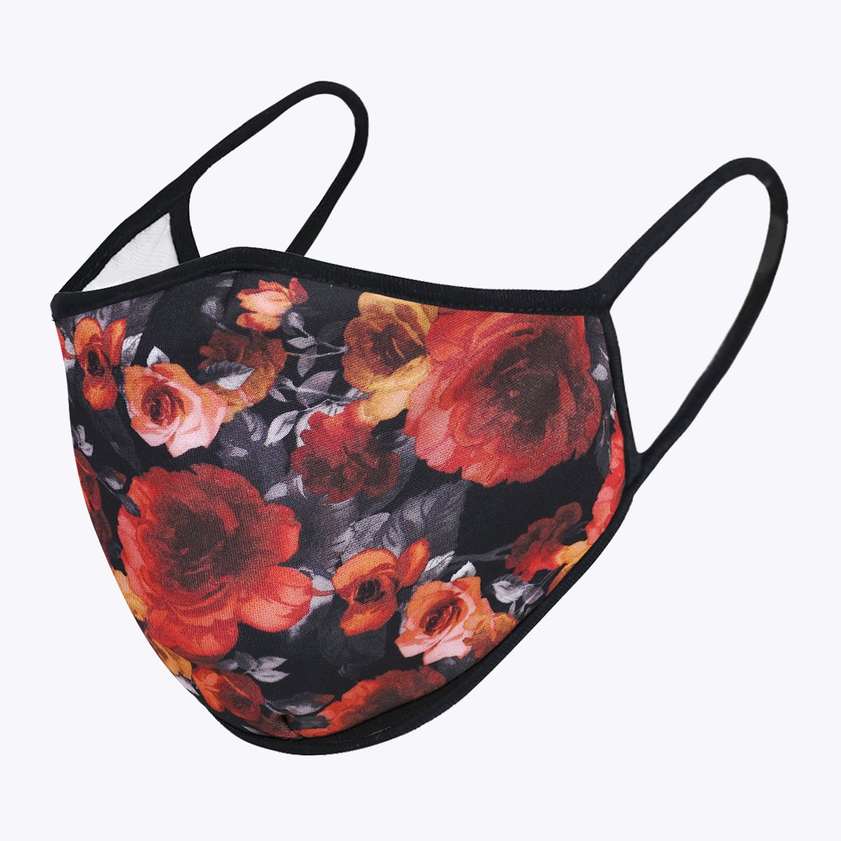 Red Rose in Dark 3-Layered Face Cover featuring a unique floral print, made from polyester and cotton, designed for comfort and protection.