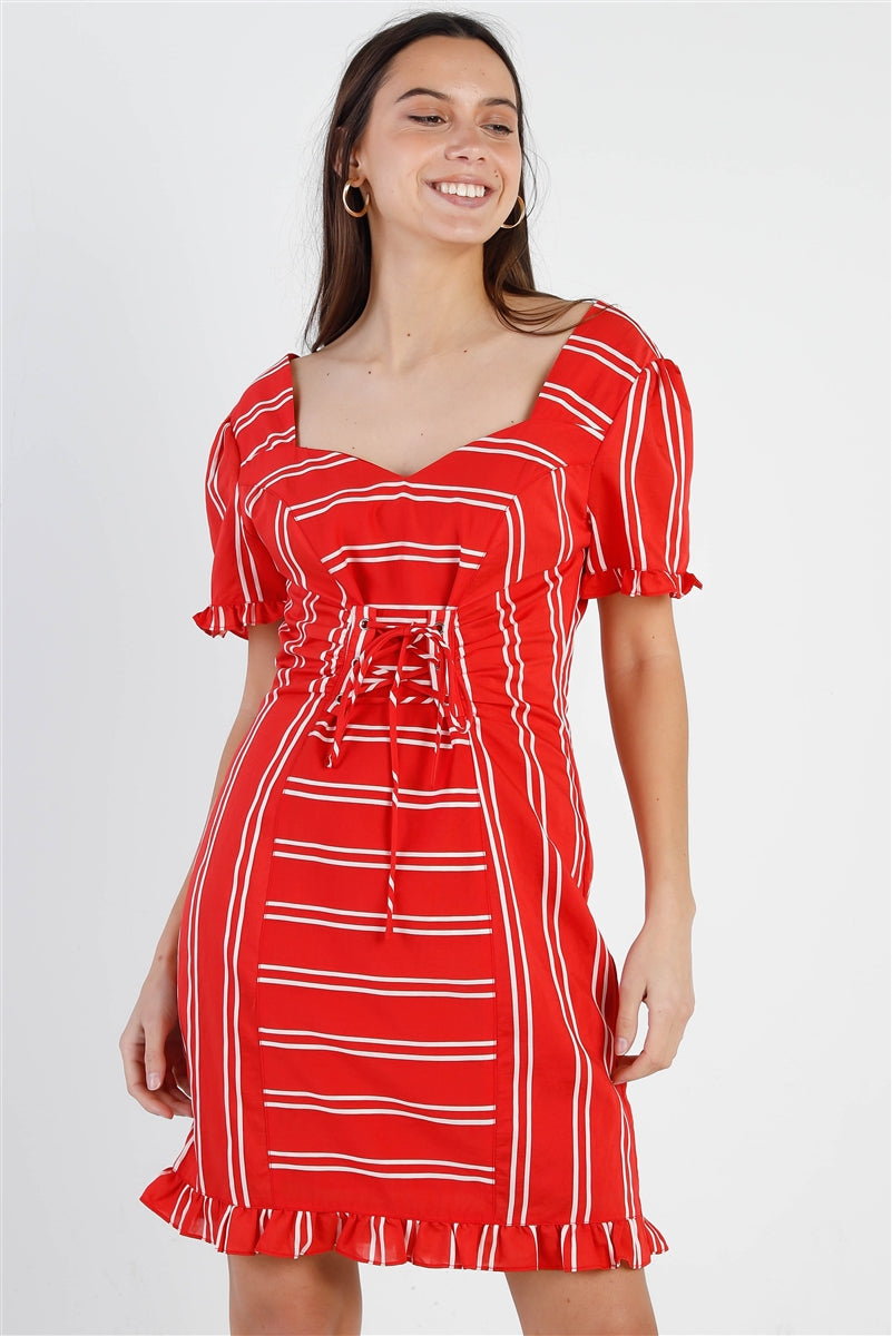 A stylish red stripe dress featuring lace-up front detail, balloon sleeves, and ruffle trim, perfect for casual outings.