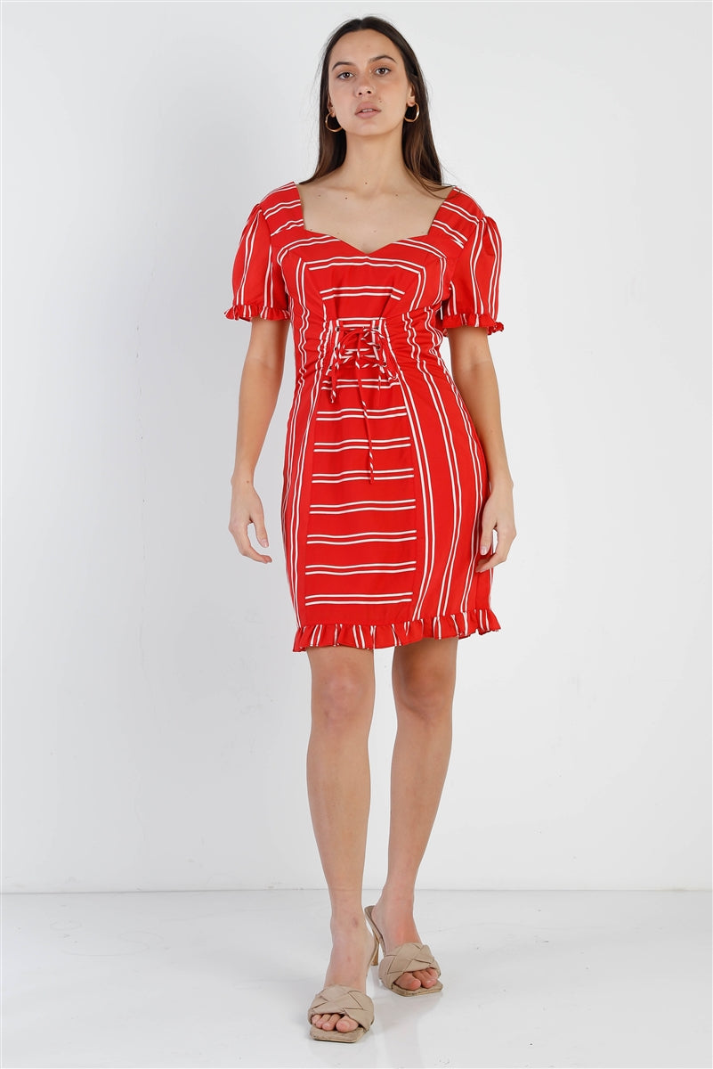 A stylish red stripe dress featuring lace-up front detail, balloon sleeves, and ruffle trim, perfect for casual outings.