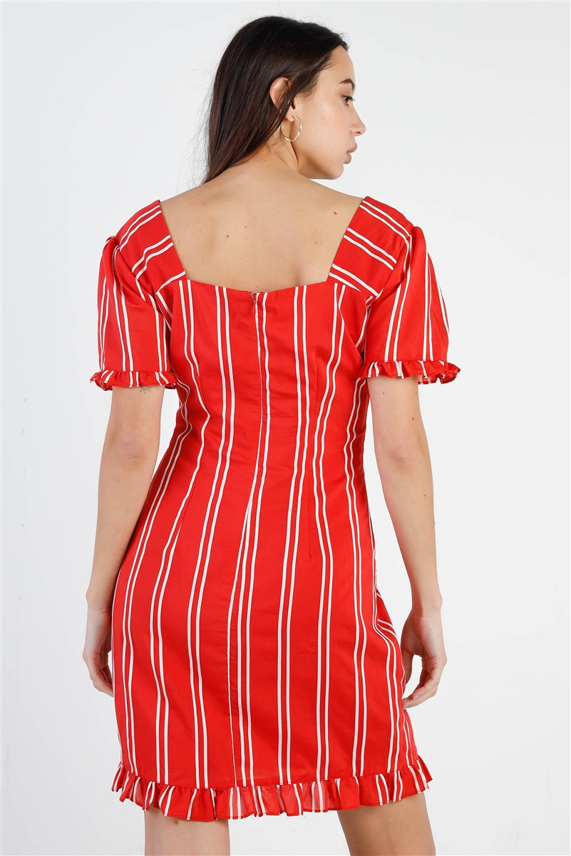 A stylish red stripe dress featuring lace-up front detail, balloon sleeves, and ruffle trim, perfect for casual outings.