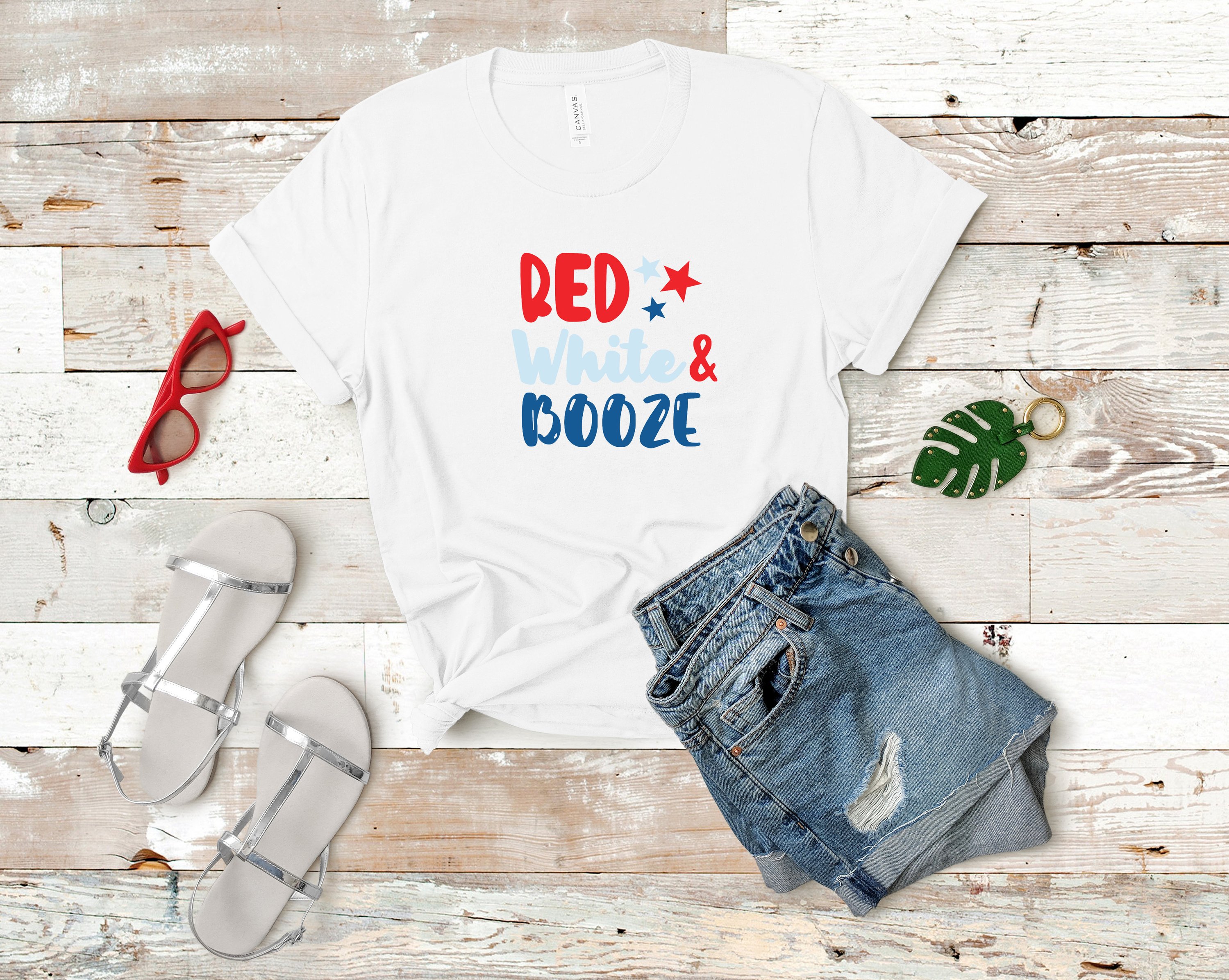 Red White & Booze Tee featuring vibrant colors and a fun design, perfect for festive occasions.