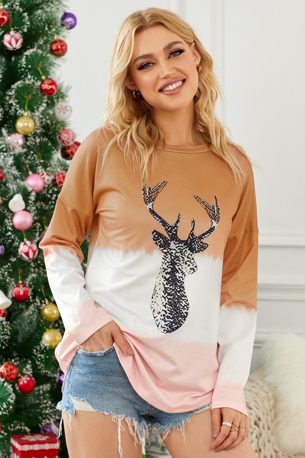 A cozy Reindeer Print Gradient Colorblock Sweatshirt featuring a cute reindeer design and a trendy gradient color block pattern, perfect for holiday wear.