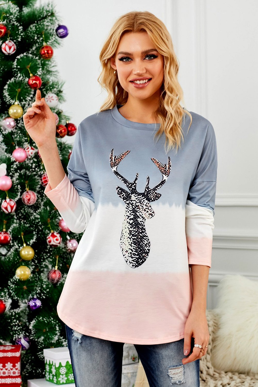 A cozy Reindeer Print Gradient Colorblock Sweatshirt featuring a cute reindeer design and a trendy gradient color block pattern, perfect for holiday wear.