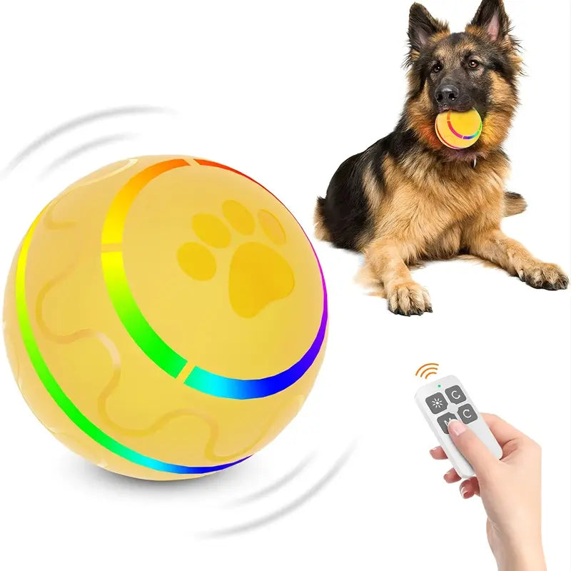 A colorful remote control dog ball designed for interactive play, featuring a textured surface and durable construction.