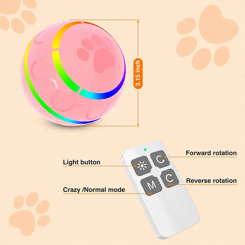 A colorful remote control dog ball designed for interactive play, featuring a textured surface and durable construction.