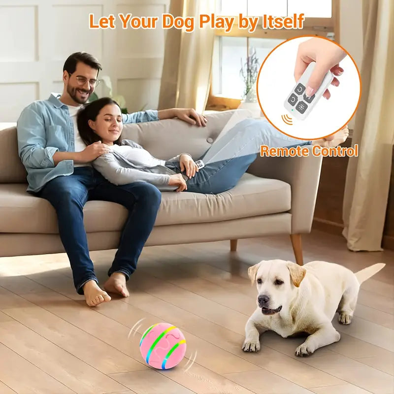 A colorful remote control dog ball designed for interactive play, featuring a textured surface and durable construction.