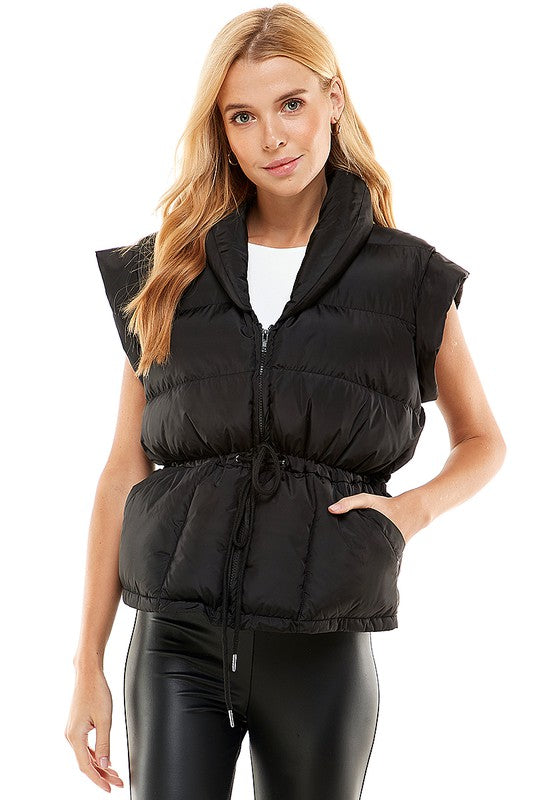 A stylish Removable Sleeve Puff Jacket with adjustable tie waist, showcasing its chic design and versatility.