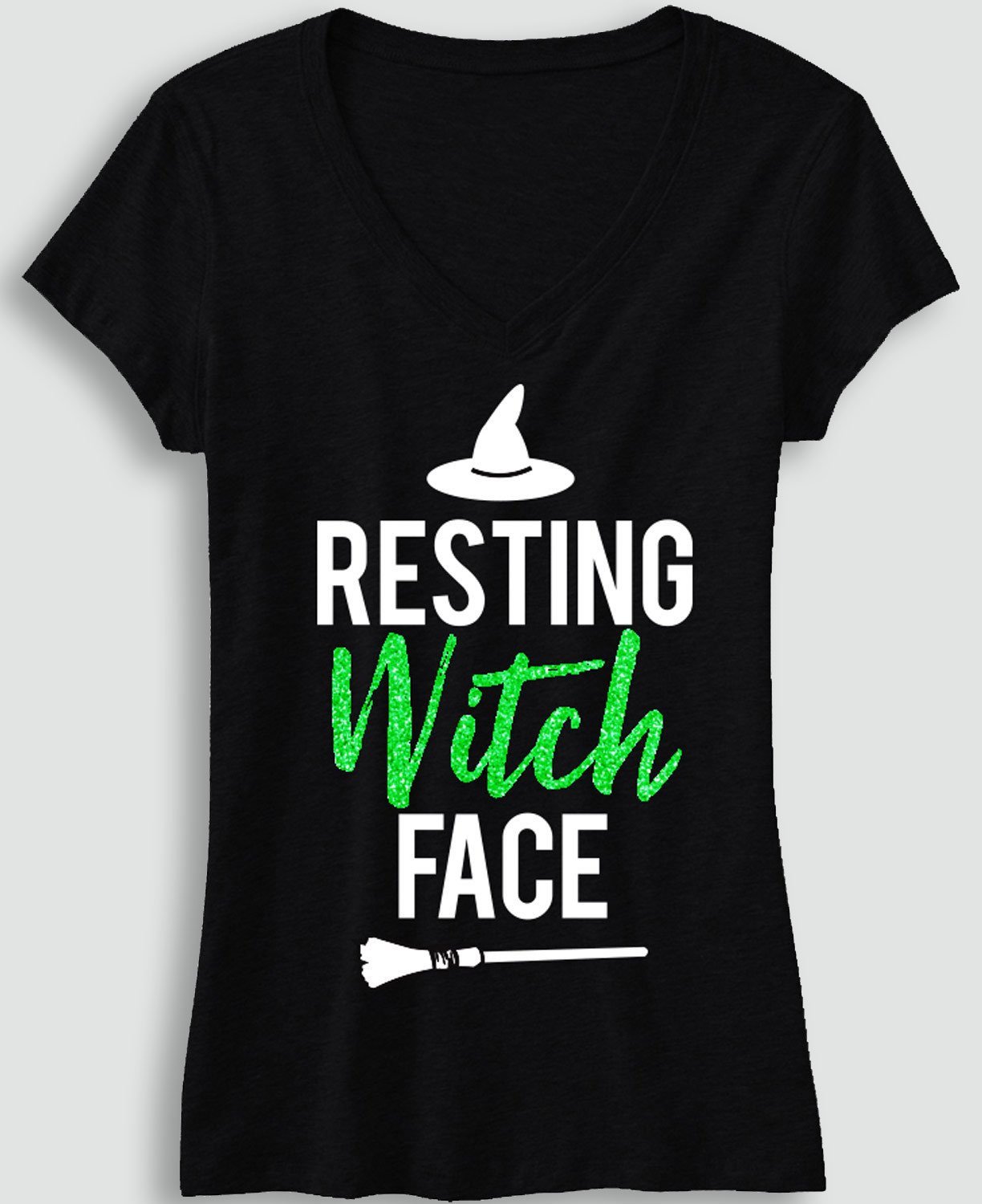 RESTING WITCH FACE Halloween V-Neck Shirt with green glitter print, showcasing a fun and festive design perfect for Halloween celebrations.