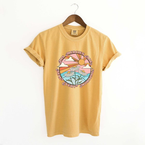 Retro His Mercies Are New Garment Dyed Tee in various colors, showcasing its vintage style and soft fabric.