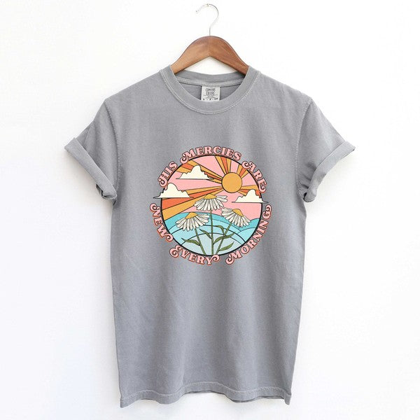 Retro His Mercies Are New Garment Dyed Tee in various colors, showcasing its vintage style and soft fabric.