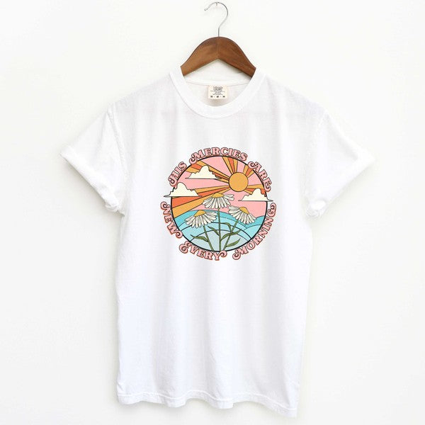 Retro His Mercies Are New Garment Dyed Tee in various colors, showcasing its vintage style and soft fabric.