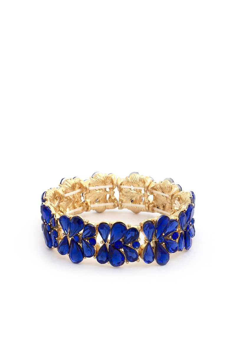 A beautiful rhinestone bracelet featuring gold, black, and royal crystal colors, showcasing a sparkling design.