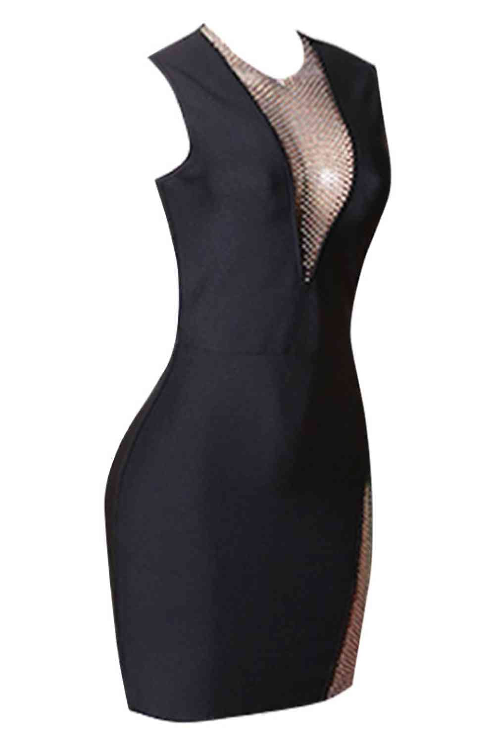 A stylish Rhinestone Detail Spliced Mesh Sleeveless Dress featuring an illusion neckline and elegant rhinestone embellishments.