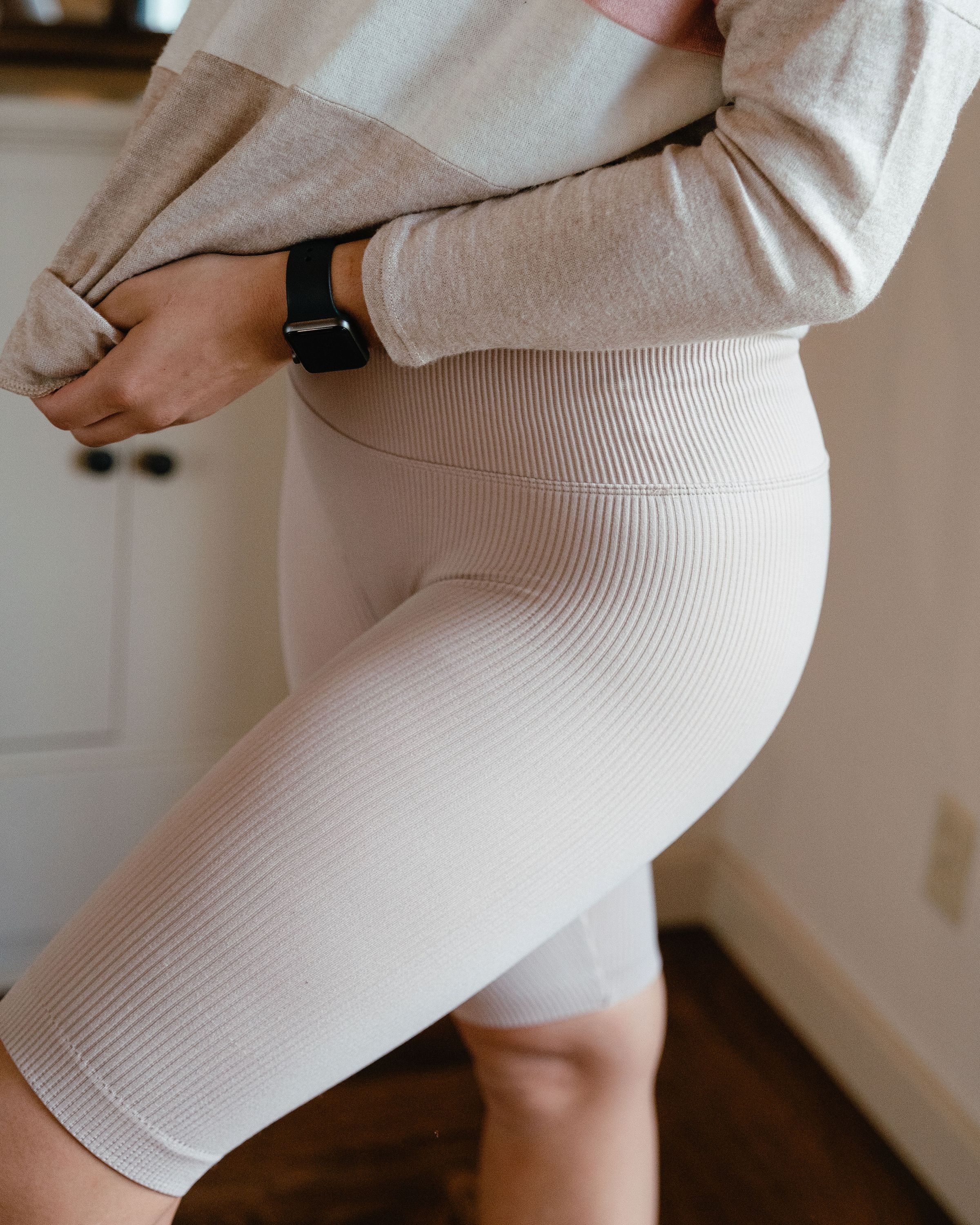 Ribbed Biker Short in Nude, showcasing soft fabric and stylish ribbed texture, perfect for workouts and lounging.