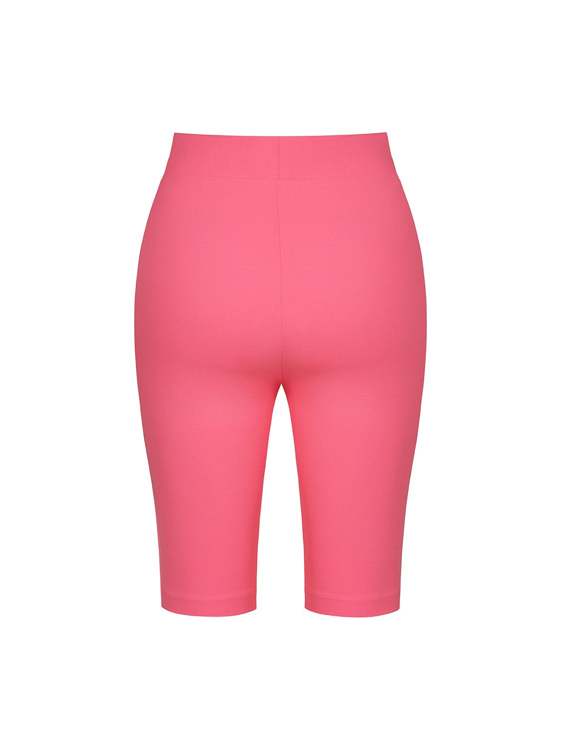 A pair of high-waisted ribbed biker shorts in vibrant orange, pink, and blue colors, showcasing their stylish design and comfortable fit.