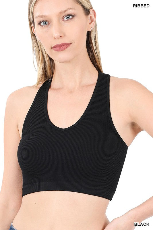 Ribbed Cropped Racerback Tank Top in various colors, showcasing its soft fabric and thick straps.