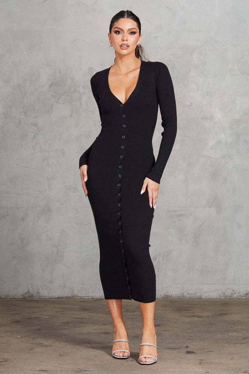 A stylish black ribbed midi dress featuring a button front, V neckline, and long sleeves with thumbholes.