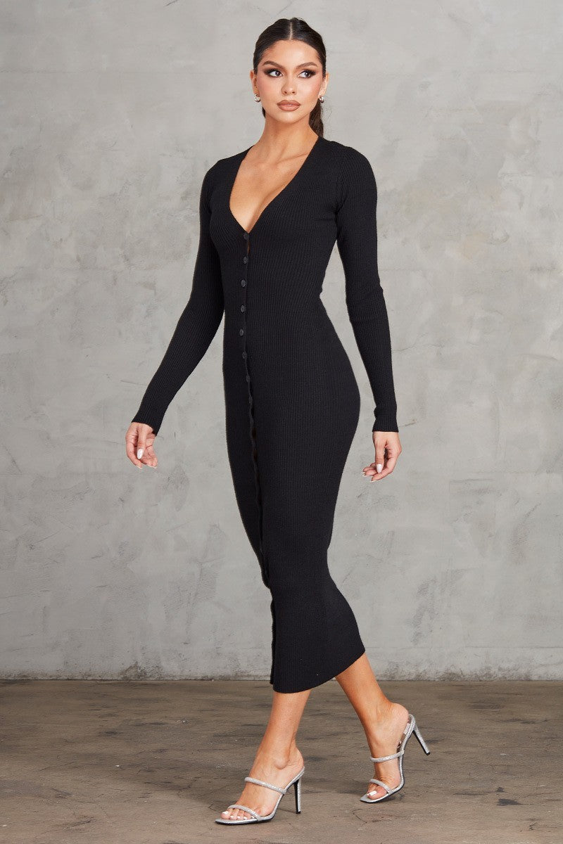 A stylish black ribbed midi dress featuring a button front, V neckline, and long sleeves with thumbholes.