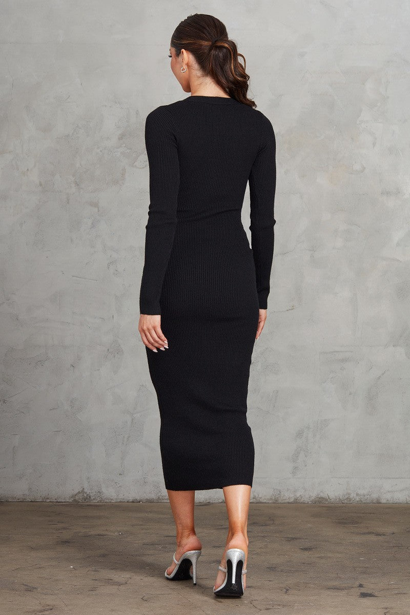 A stylish black ribbed midi dress featuring a button front, V neckline, and long sleeves with thumbholes.