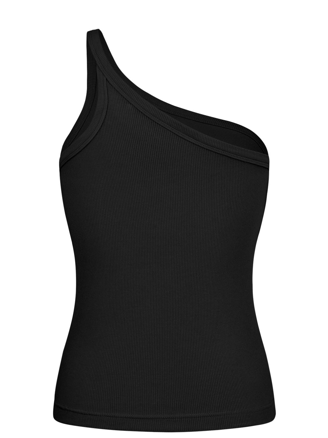 Ribbed One-Shoulder Tank in solid color, showcasing asymmetrical neckline and sleeveless design.