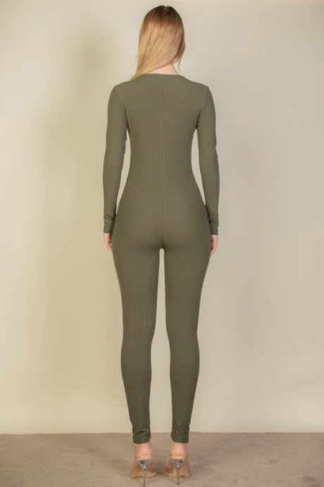 A stylish olive ribbed scoop neck long sleeve jumpsuit, showcasing its soft fabric and trendy design.