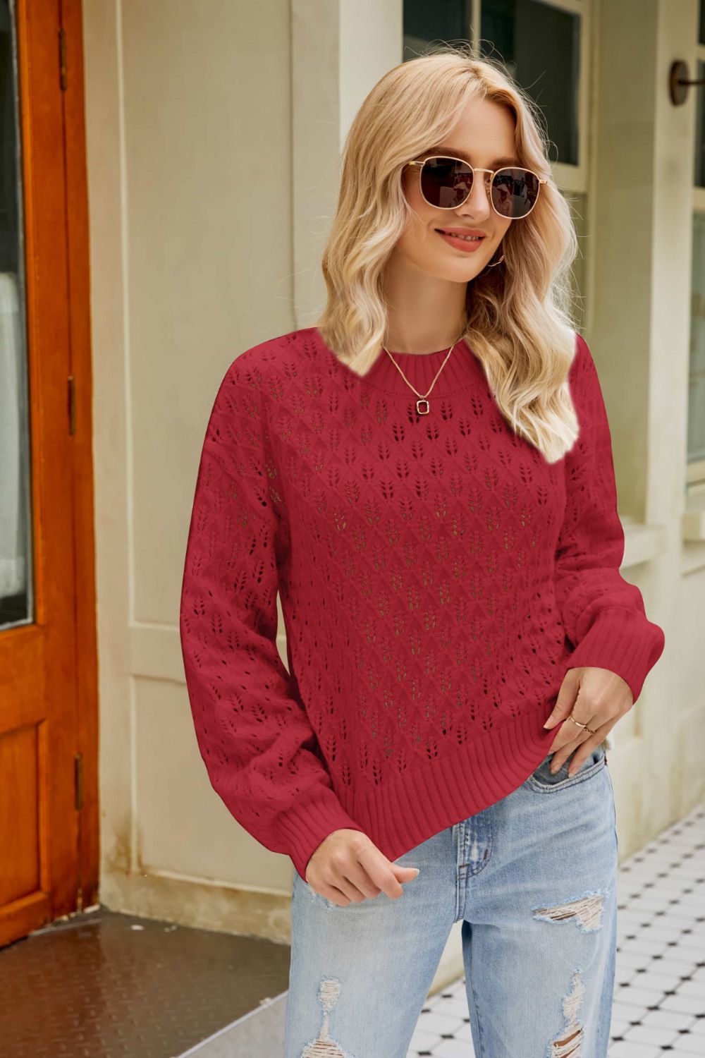 Ribbed Trim Openwork Crewneck Sweater in a studio setting, showcasing its stylish design and comfortable fit.