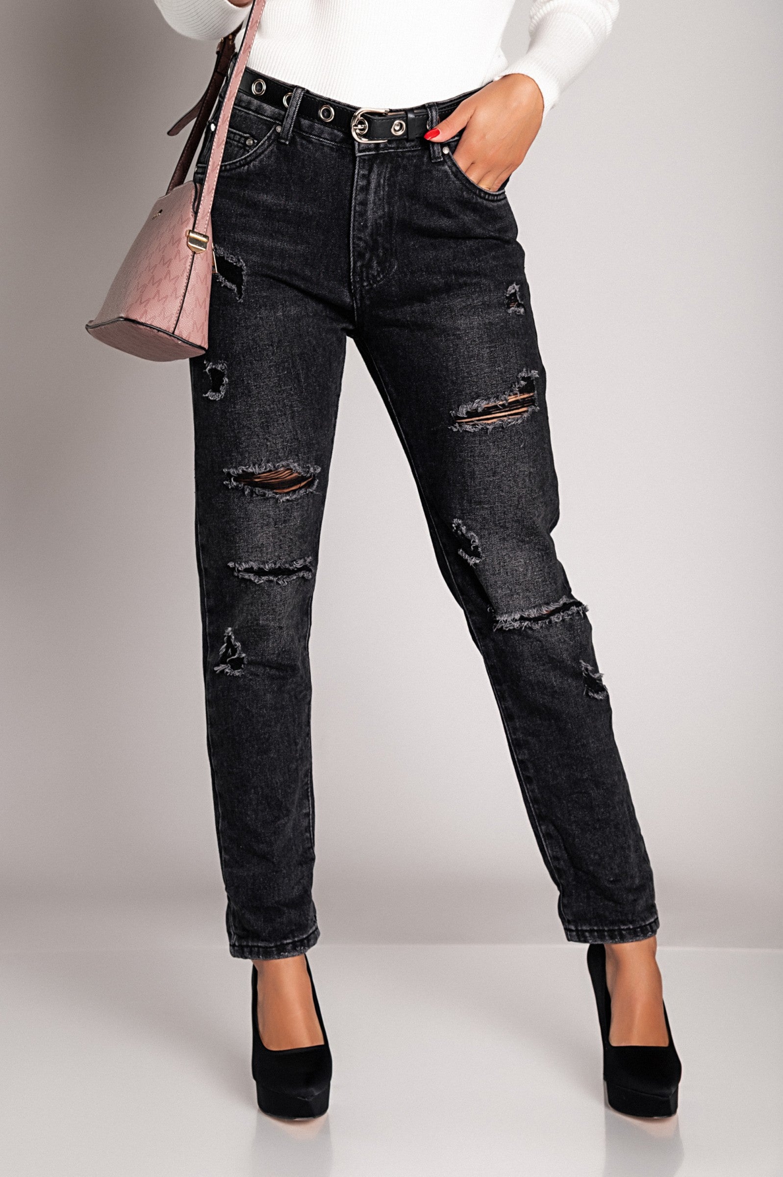 Ripped Mom Jeans Marsura in black featuring stylish rips, straight legs, and included decorative belt.