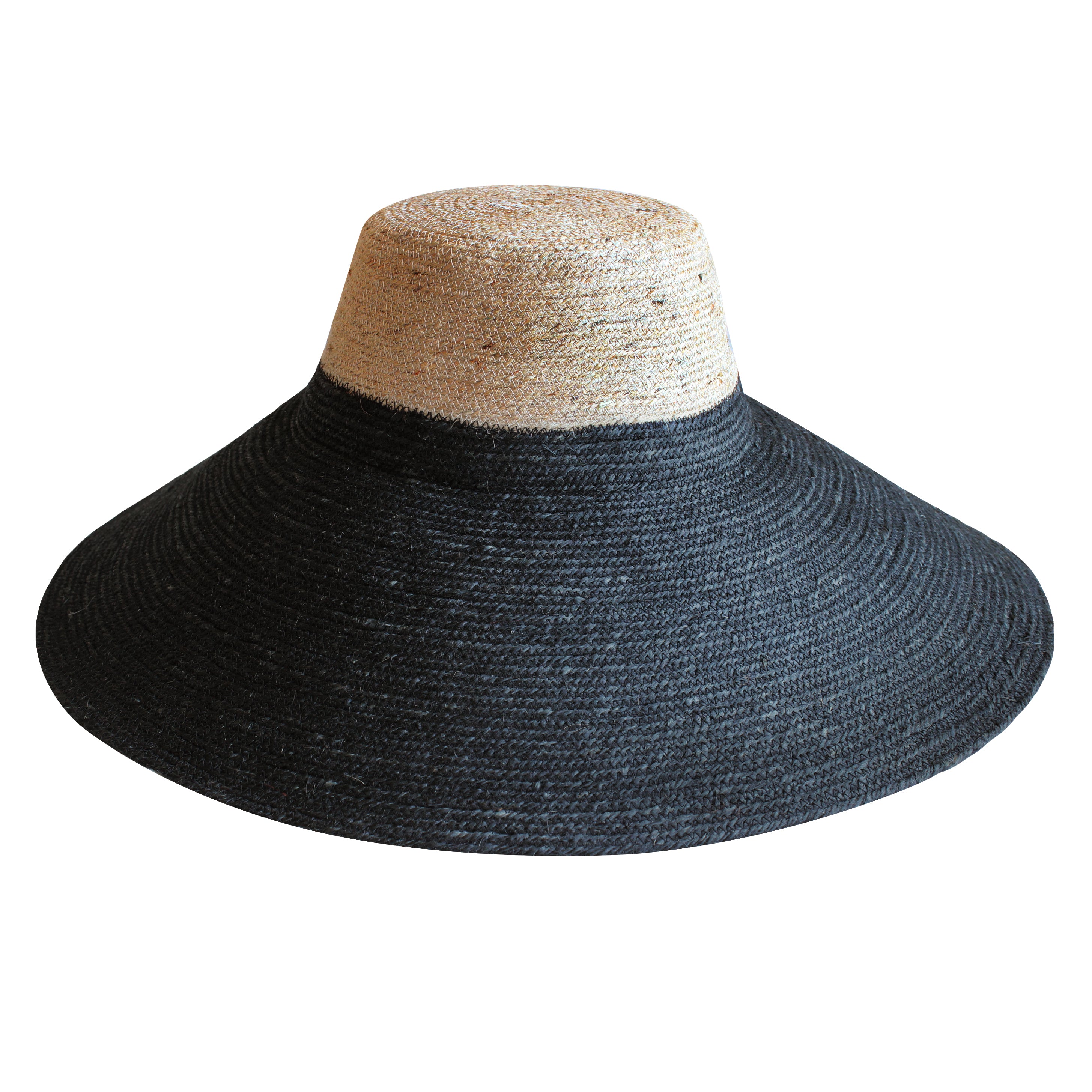 RIRI Duo Jute Handwoven Straw Hat featuring a sculpted crown and wide brim in natural and black jute colors, perfect for sun protection.