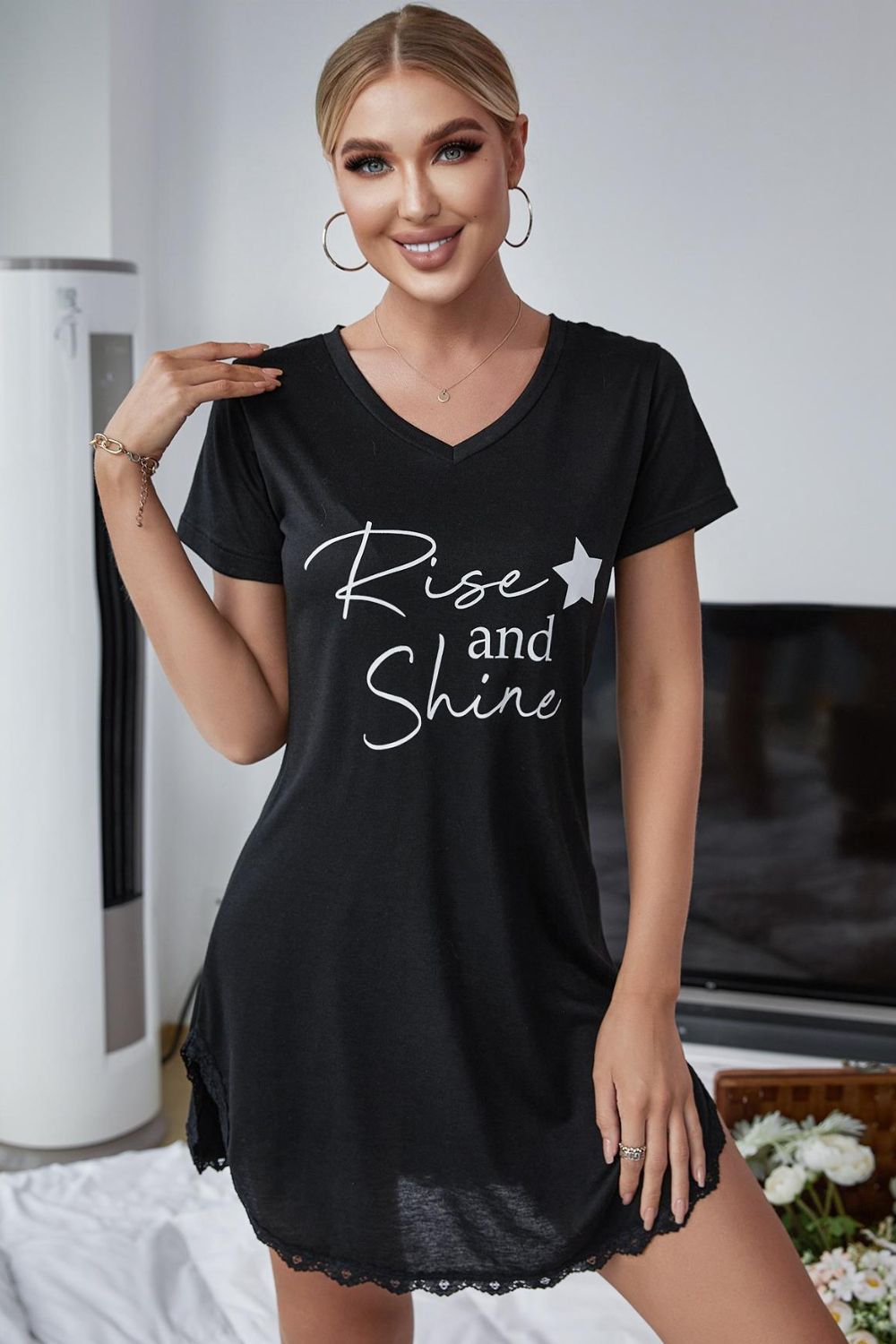 RISE AND SHINE Contrast Lace V-Neck T-Shirt Dress featuring a stylish V-neckline and elegant lace detailing, perfect for various occasions.