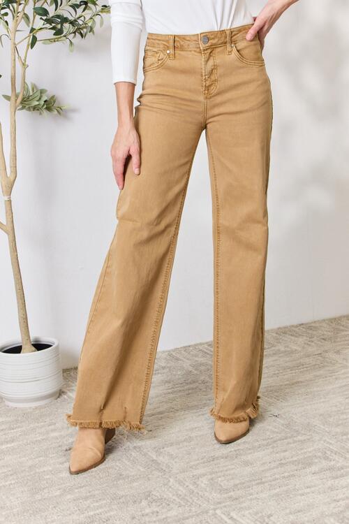 RISEN Full Size Fringe Hem Wide Leg Jeans featuring a high-waisted fit and trendy wide-leg design, perfect for casual and dressed-up occasions.