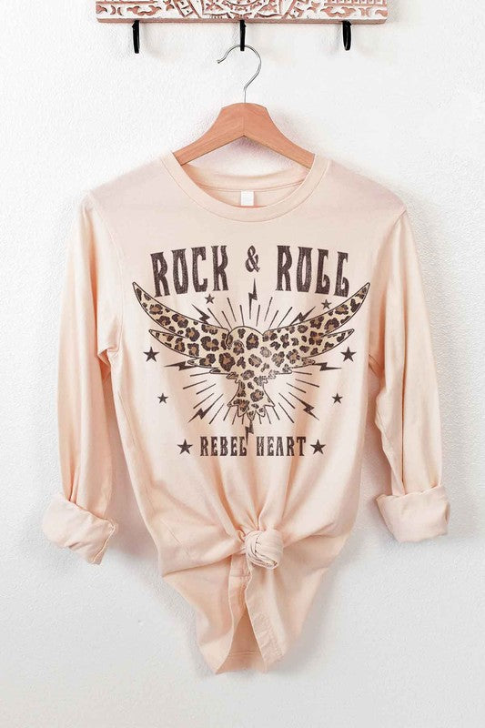 Rock and Roll Rebel Long Sleeve Tee made from premium cotton, featuring a classic fit and unisex sizing, perfect for music lovers.