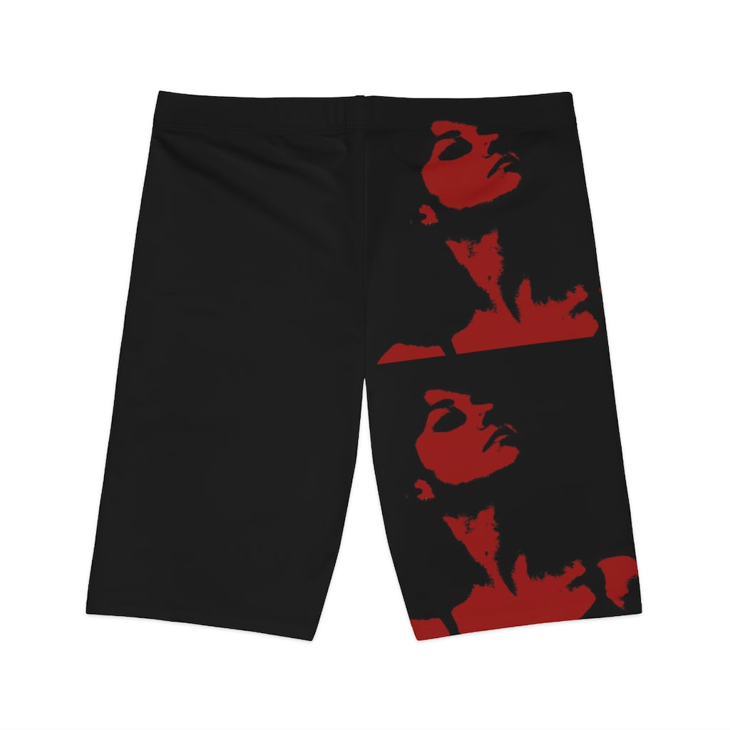 Rock Red Women's Bike Shorts featuring a stretchy fabric, mid-waist fit, and above-the-knee length, made in the USA.