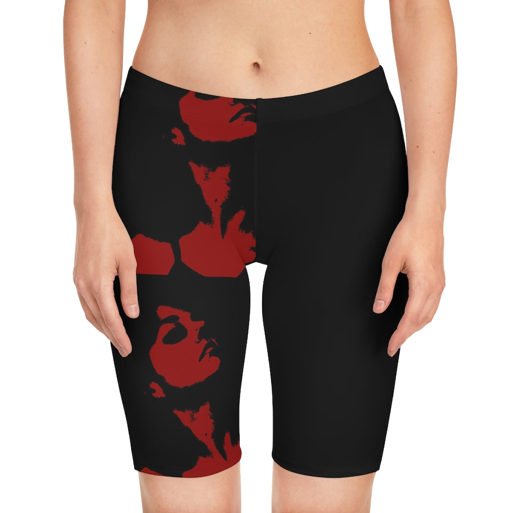 Rock Red Women's Bike Shorts featuring a stretchy fabric, mid-waist fit, and above-the-knee length, made in the USA.