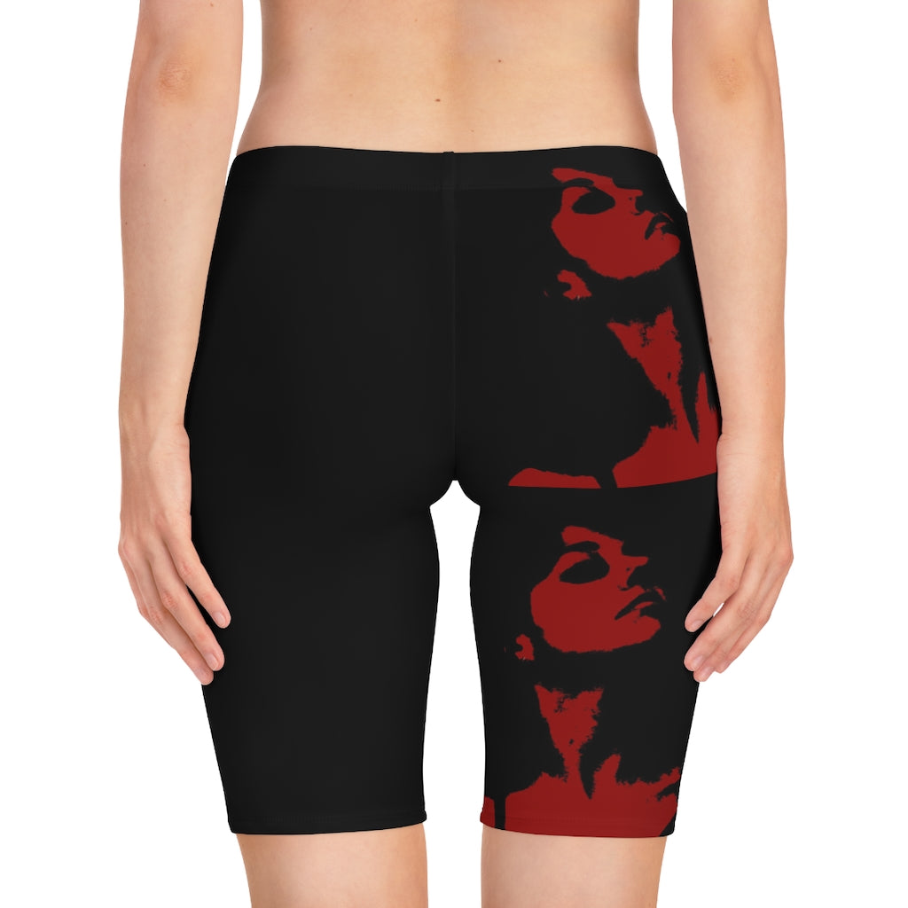 Rock Red Women's Bike Shorts featuring a stretchy fabric, mid-waist fit, and above-the-knee length, made in the USA.