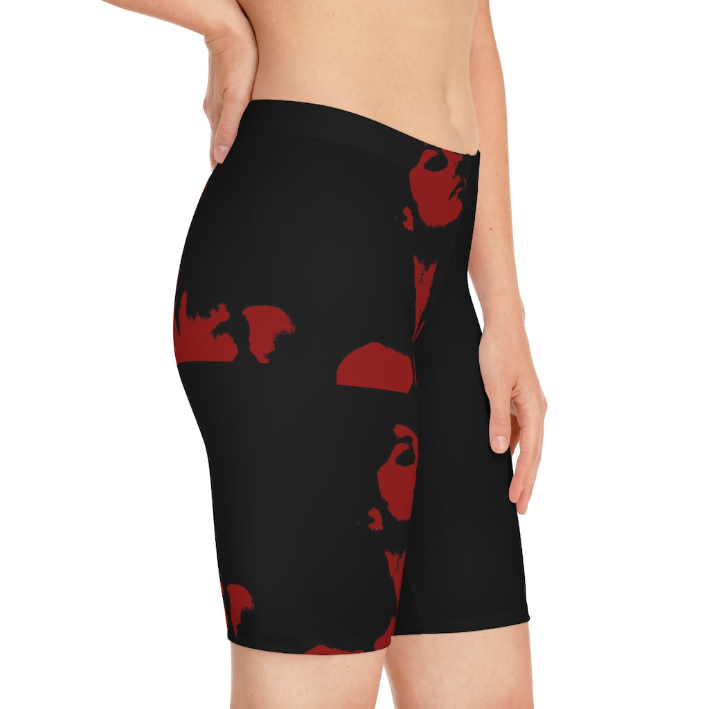 Rock Red Women's Bike Shorts featuring a stretchy fabric, mid-waist fit, and above-the-knee length, made in the USA.